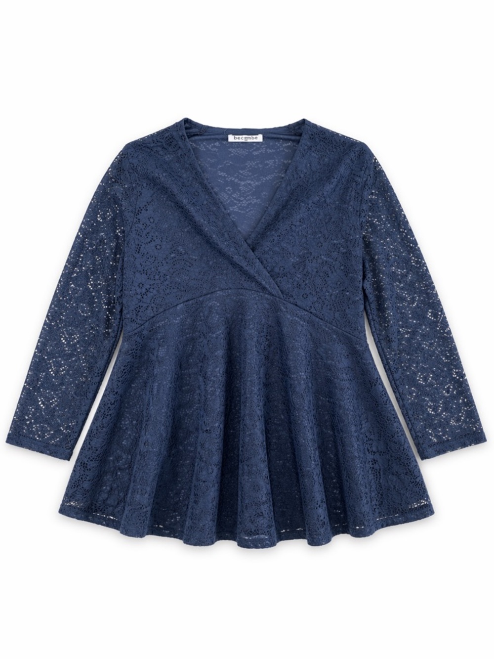 Becanbe Women Lace Peplum Blouse Long Sleeve V-Neck Navy Blue Medium